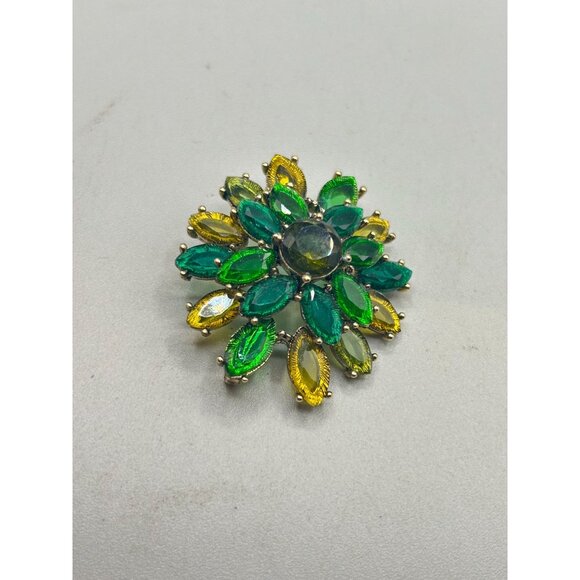 Signed MONET Green & Yellow Rhinestones Flower Acrylic Flatback Stones Gold Tone - Picture 3 of 6